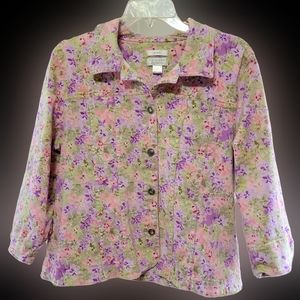 Womens C&B Stretch Sz L Jean Jacket button up Spring pastel floral
